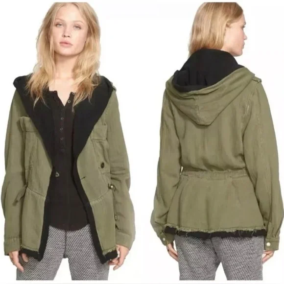 Free People Soft Peplum Hooded Military Army Green Cargo Jacket size Large - Picture 14 of 15